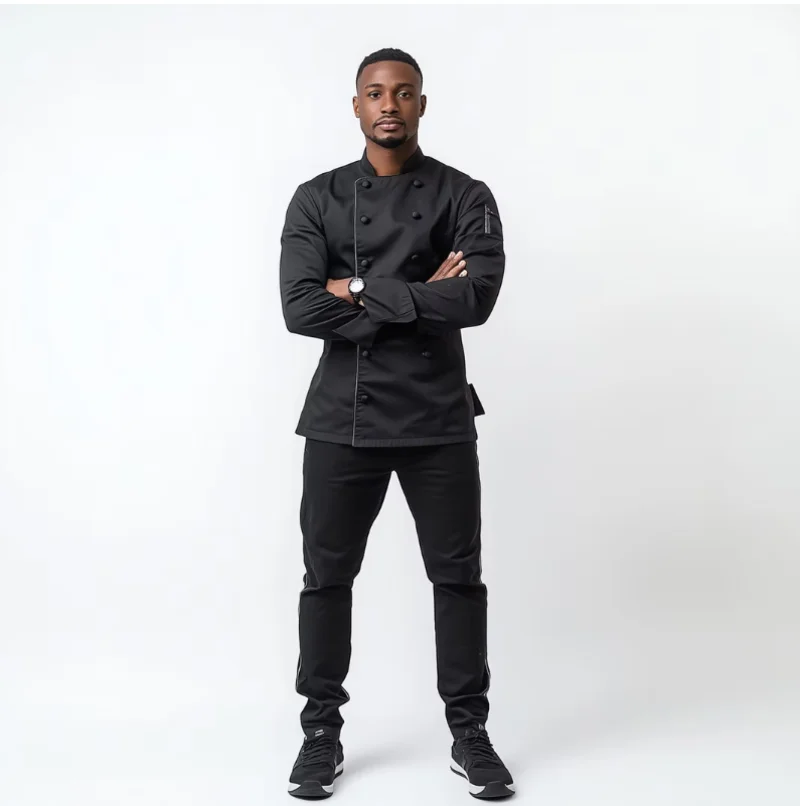 Chef in all black uniform: black chef jacket and black pants
