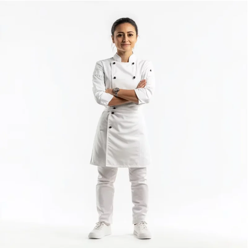 Chef in all white uniform: white chef jacket, white apron, and white pants